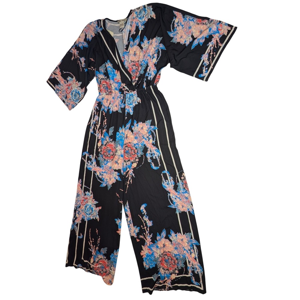 Flying‎ Tomato Floral Print Wide Leg Jumpsuit, V Neck, Women's Small